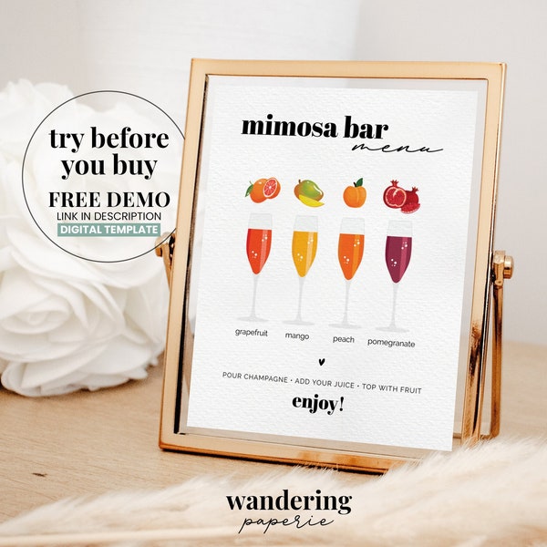 Mimosa Bar Menu Template, Bachelorette Party Mimosa Bar, Bridal Shower Mimosa Bar, Brunch and Bubbly, Printable Menu, Brunch Menu Sign, 3001