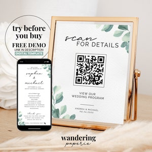 Greenery Digital Wedding Program, Wedding QR Sign Bundle, Editable Template, 303
