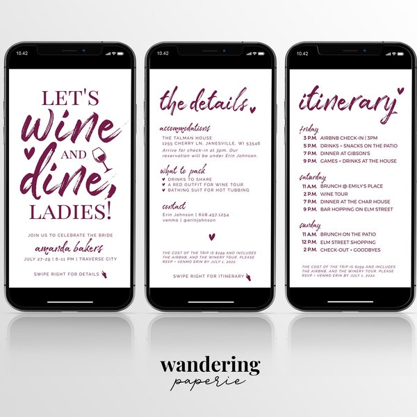 Wine Dine Bachelorette Itinerary Template, Wine Themed Bachelorette Invitation Itinerary, Mobile Invitation Editable Template, 701.3