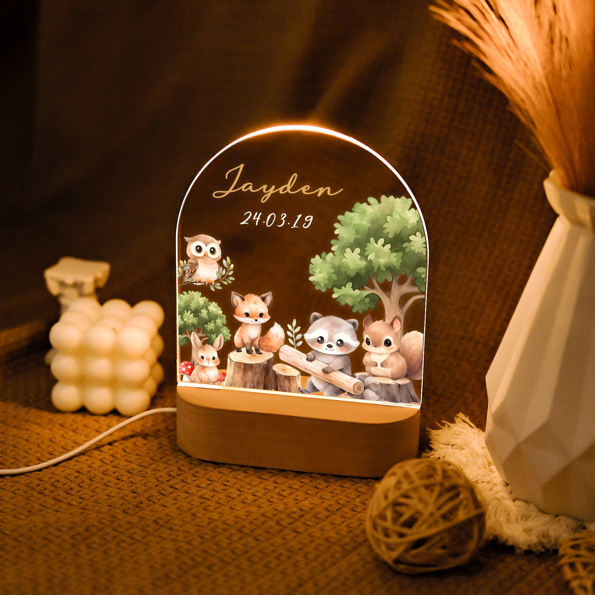 Cute Animals Night Light for Baby,Custom Baby Night Lamp,Light Up Acrylic Plaque,Kids Bedside Lamp,Baptism Gift Boy Girl,Christening gifts