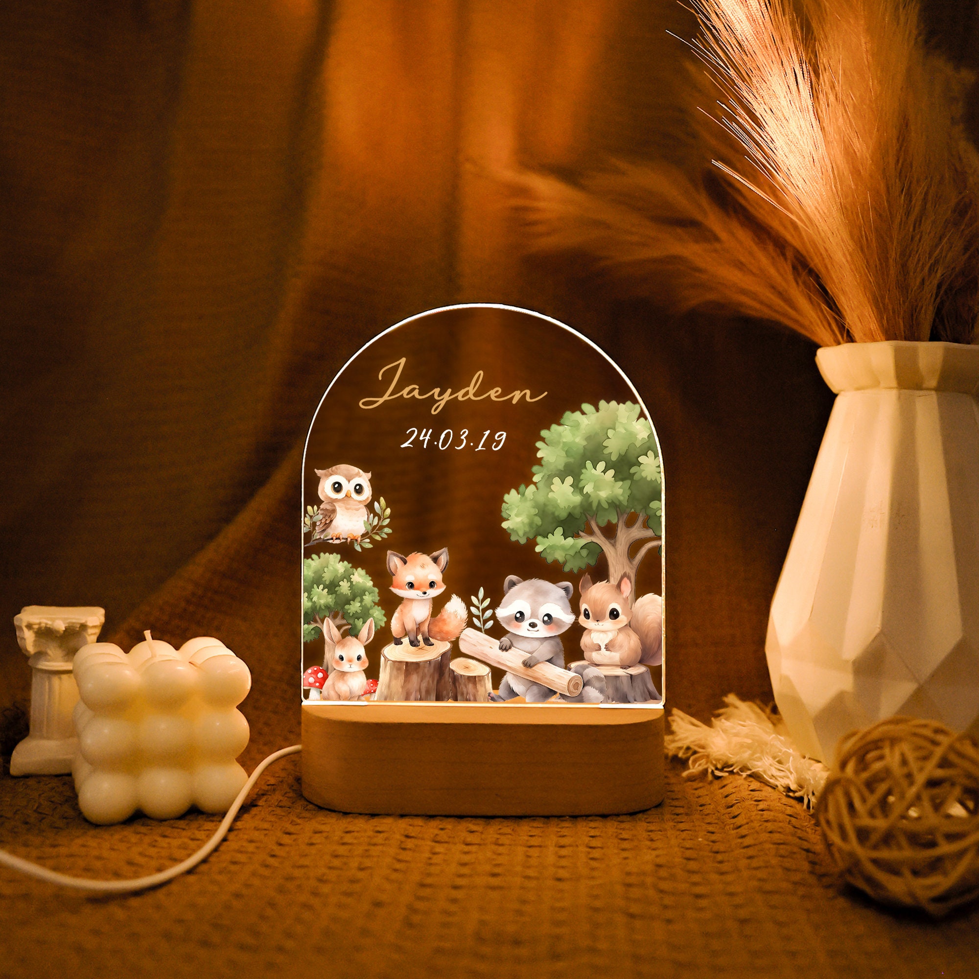 Cute Animals Night Light for Baby,Custom Baby Night Lamp,Light Up Acrylic Plaque,Kids Bedside Lamp,Baptism Gift Boy Girl,Christening gifts