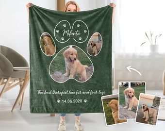 Custom Pet Photo Blanket with Text, Paw Print Blanket, Personalized Dog Picture Blankets, Memorial Pet Gift For Dog Cat Lovers,Dog Dad Gifts