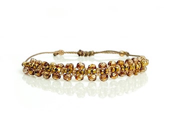 Gold and Bronze Czech Glass Beaded Bracelet | Fully Adjustable