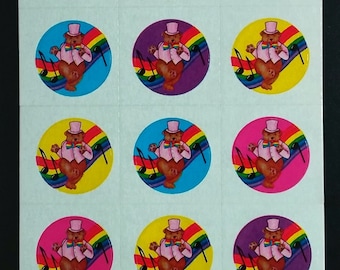 Hoja de pegatinas LISA FRANK S108 Vintage de los años 80: Oso con esmoquin y sombrero de copa