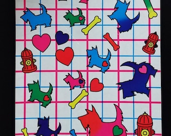 Hoja de pegatinas LISA FRANK S128 Vintage de los años 80 Perros Corazones Hidrantes