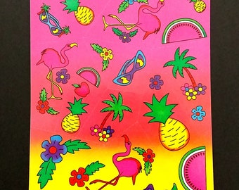 LISA FRANK Sticker Sheet S120 Vintage 1980s Pink Flamingo Pinapple