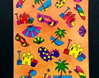 LISA FRANK Sticker Sheet S126 Vintage 1990s Sand Castle Beach Ball Palm Tree