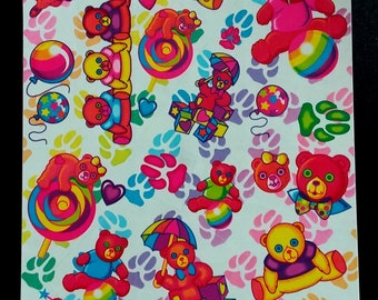 Hoja de pegatinas LISA FRANK S140 Vintage de los años 80: Osos sobre piruletas y huellas de patas.