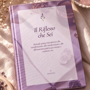 Può includere: Un libro con copertina rigida intitolato Il Riflesso che Sei, caratterizzato da una copertina viola con l'illustrazione di un rametto di lavanda, un riquadro bianco centrale e il nome dell'autore AMATHYST in basso.