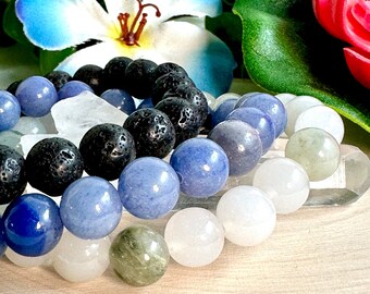 Piedra preciosa semipreciosa natural hecha a mano 8MM cuentas de lava natural, jade de montaña de hielo, pulsera de cuentas elásticas de aventurina azul, atención plena, zen