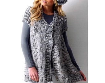 Vintage Knitting Pattern Super Chunky Bulky Longline Waistcoat Cable Vest Tunic Sweater Ladies 36-52ins  Plus Sizes PDF