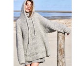Vintage Knitting Pattern Slouchy Hooded Ribbed Sweater Jumper Pullover Tunic Oversized Sloppy Joe Fishermans Rib Hoodie