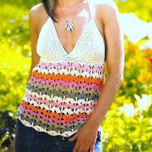 RETIREMENT SALE *** Vintage Crochet Pattern Cotton Halter Sun Top  Beach Festival Boho Party  Aran 32 34 and 36-38 Bust