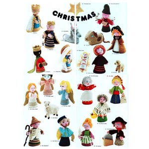 May include: A collection of twenty-one small, crocheted figures arranged on a white background with the text CHRISTMAS at the top. The figures include various characters such as angels, kings, a shepherd, a sheep, and a baby in a manger.
