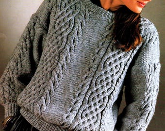 Ladies Aran Sweater Knitting Pattern Pdf Womens Cable Crew Neck