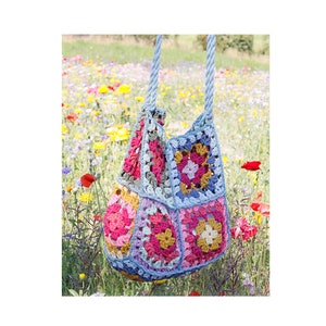 Vintage Crochet Pattern Rainbow Granny Squares Shoulder Bag Tote Cross Body Handbag Purse Shopper  Beach Festival Summer Boho CottonAran