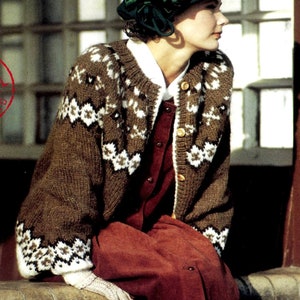 Vintage Knitting Pattern  Icelandic Lopi Cardigan   Chunky Bulky  Coat Jacket Scandinavian Skandi Yoke  Small to XL