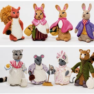 May include: A collection of eight handcrafted crochet animal figures, including a squirrel, three rabbits, a cat, two mice, and a raccoon, each wearing detailed miniature clothing and accessories like baskets, brooms, and small bags in various colors.
