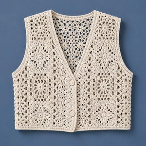 Peut inclure: Un gilet sans manches de couleur crème présentant un motif au crochet complexe composé de divers motifs floraux et géométriques carrés. Le vêtement possède une encolure en V, une fermeture boutonnée avec deux boutons crème et un bord festonné.