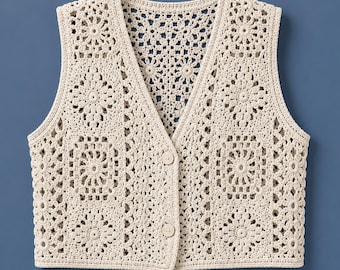 May include: A cream-colored sleeveless vest featuring an intricate crochet pattern composed of various floral and geometric square motifs. The garment has a V-neckline, a button-front closure with two matching cream buttons, and a scalloped edge.