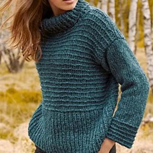 May include: A teal-colored, chunky knit sweater with a ribbed texture. The sweater features a turtleneck and long sleeves with ribbed cuffs. The garment is made of a thick, warm material, perfect for cooler weather.