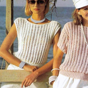 Vintage Strickanleitung, PDF, Damen, Sommer, ärmellos oder Kurzarm Pullover Pullover Oberteil Baumwolle Aran 32-38 in Easy Knit
