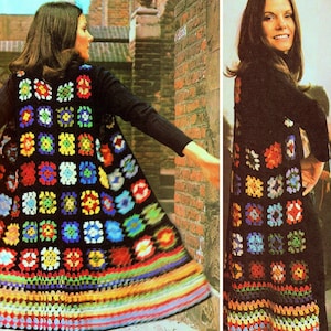 May include: A long, black crochet waistcoat with a colourful granny square pattern. The waistcoat is made with a variety of colours, including red, yellow, blue, green, and orange. The waistcoat is shown being worn by a model.