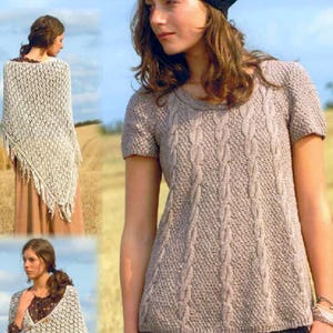 May include: A woman wearing a short-sleeved, light brown cable-knit sweater and a black beret. The sweater has a textured pattern with vertical cable designs. A light beige shawl with fringe is also shown.