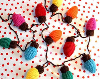 Crochet Pattern Vintage Christmas Fairy Lights  Tree Trim Garland Christmas Ornament Decoration Bright Colourful Bulbs