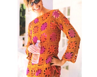 Vintage Crochet Pattern  Bright Granny Squares  Tunic Beach Cover Up   Retro Plus Free Pattern