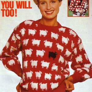 Vintage Knitting Pattern Lady Di Black Sheep Sweater  Christmas Novelty Jumper Pullover 1980s  Princess Diana Royal  4ply 28-44ins PDF