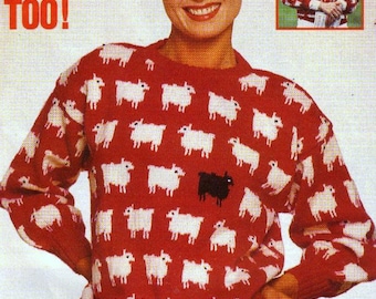 Vintage Knitting Pattern Lady Di Black Sheep Sweater  Christmas Novelty Jumper Pullover 1980s  Princess Diana Royal  4ply 28-44ins PDF