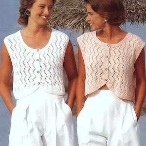 Vintage Knitting Pattern PDF Woman's Summer Zig Zag Lace Sleeveless Top Waistcoat Vest Cropped Top Girls Cotton DK Worsted 8ply 28-40ins
