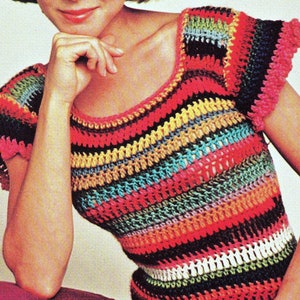 May include: A colourful striped crochet top with short sleeves. The top is made with a variety of colours, including red, orange, yellow, green, blue, and purple.