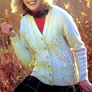 Vintage Knitting Pattern PDF Ladies Classic Aran Cardigan Unusual Leaf Pattern Twisted Cable Traditional V Neck Woman's Girl's 34-40ins