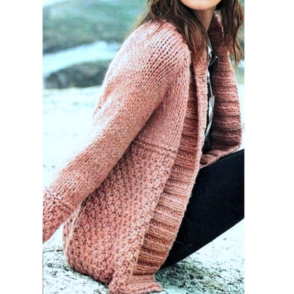 RETIREMENT SALE ***  Knitting Pattern PDF Womans Super Chunky Textured Raglan Jacket Super Bulky Cardigan  32-52ins Plus Sizes Shawl Collar
