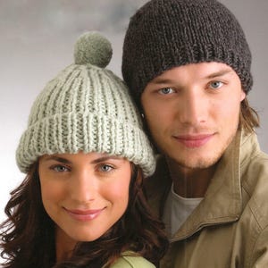 RETIREMENT SALE ** Knitting Pattern PDF His and Hers Beanies Beanie Pull-on Hats Easy Knit Man Woman  Ribbed Pompom Chunky Bulky 8 styles