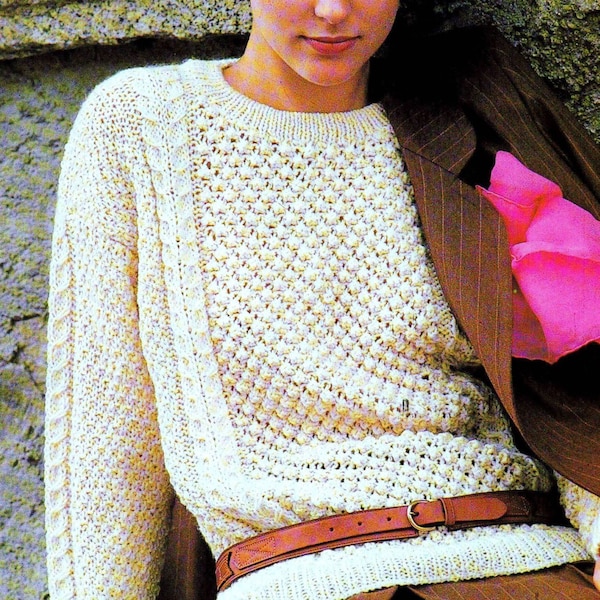 INSTANT DOWNLOAD PDF Vintage Knitting Pattern   Aran Sweater Jumper  Irish Moss Stitch and Cable