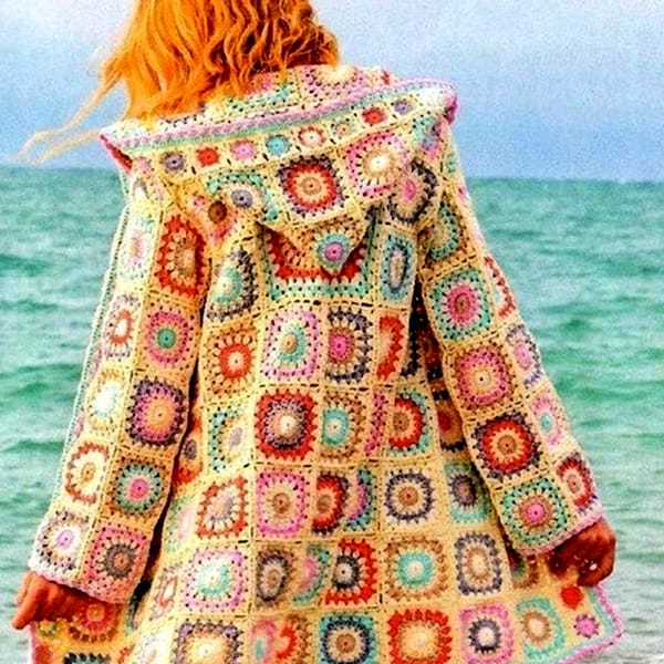 INSTANT DOWNLOAD PDF Vintage Crochet Pattern Granny Squares Hooded Coat  Cardigan Jacket  Hoodie Hood Hippy Boho Festival S/M Womens Girls