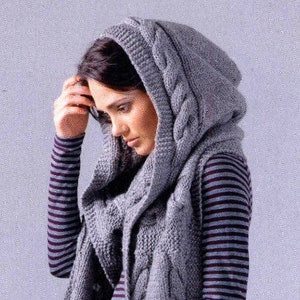 INSTANT DOWNLOAD PDF  Knitting Pattern  Hooded Scarf  Aran Cable Fringe  Cowl Snood Hood Hat Scarf   Easy Knit