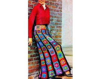 INSTANT DOWNLOAD PDF  Vintage Crochet Pattern   Bright Granny Squares Maxi Skirt  Retro Boho Festival