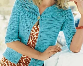 Patrón de ganchillo vintage en PDF para cárdigan de verano de mujer, manga tres cuartos, canesú, grosor DK, tallas S-3XL (34-54 pulgadas), tallas grandes para mujer.