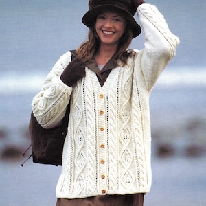 Vintage Knitting Pattern PDF Woman's Classic Aran Cardigan Unusual Leaf Pattern Cable Traditional V Neck Lady's Girl's Loose Fitting 32-46in