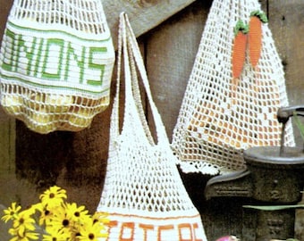 Vintage Crochet Pattern  Mesh Grocery Produce Bags   Eco Shopping Bag String Bag Vegetable Beach Tote   PDF