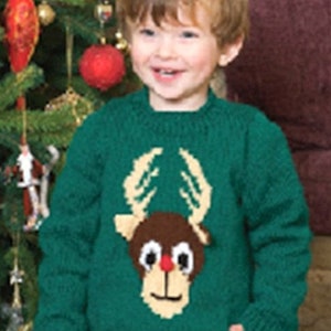 May include: A young child wearing a green knitted sweater with a reindeer design. The sweater has a brown reindeer head with a red nose and white eyes. The child is standing in front of a Christmas tree.