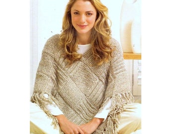 Vintage Knitting Pattern Textured Squares Poncho  Moss Garter and Rib Stitch Wrap  Bulky Chunky