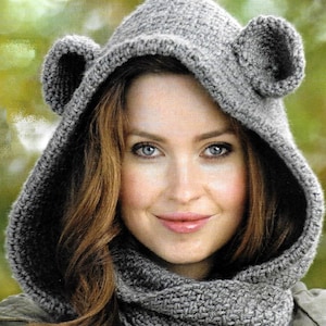 RESTBESTANDSALE amp; Gehäkelte Anleitung mit Kapuze Bär Gugel mit Ohren Snood Hood Hut Schal Halswärmer Vintage Weihnachtsgeschenk Quick Knit Aran