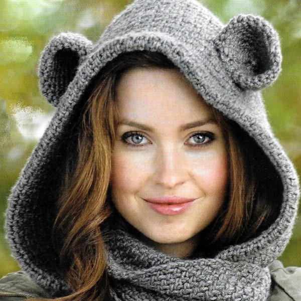 INSTANT DOWNLOAD PDF  Crochet Pattern  Hooded Bear Cowl with Ears  Snood Hood Hat Scarf Neck Warmer Vintage Christmas Gift Quick Knit Aran