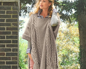 Patrón de tejido vintage para poncho, capa, chal o manto con trenzas, patrón Aran, tejido grueso, talla única, descarga instantánea en PDF.