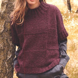 May include: A burgundy-colored, short-sleeved sweater with a high neckline. The sweater features a textured, geometric design across the front and sleeves. The model is wearing a dark shirt underneath. The sweater is made of a thick, knitted material.